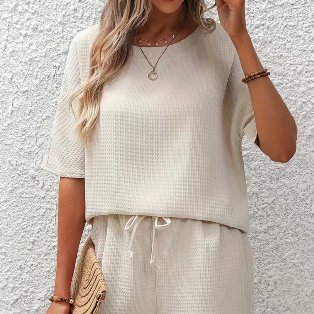 Solid Two-Piece Short Set Waffle Pattern Cream/Beige/Ivory